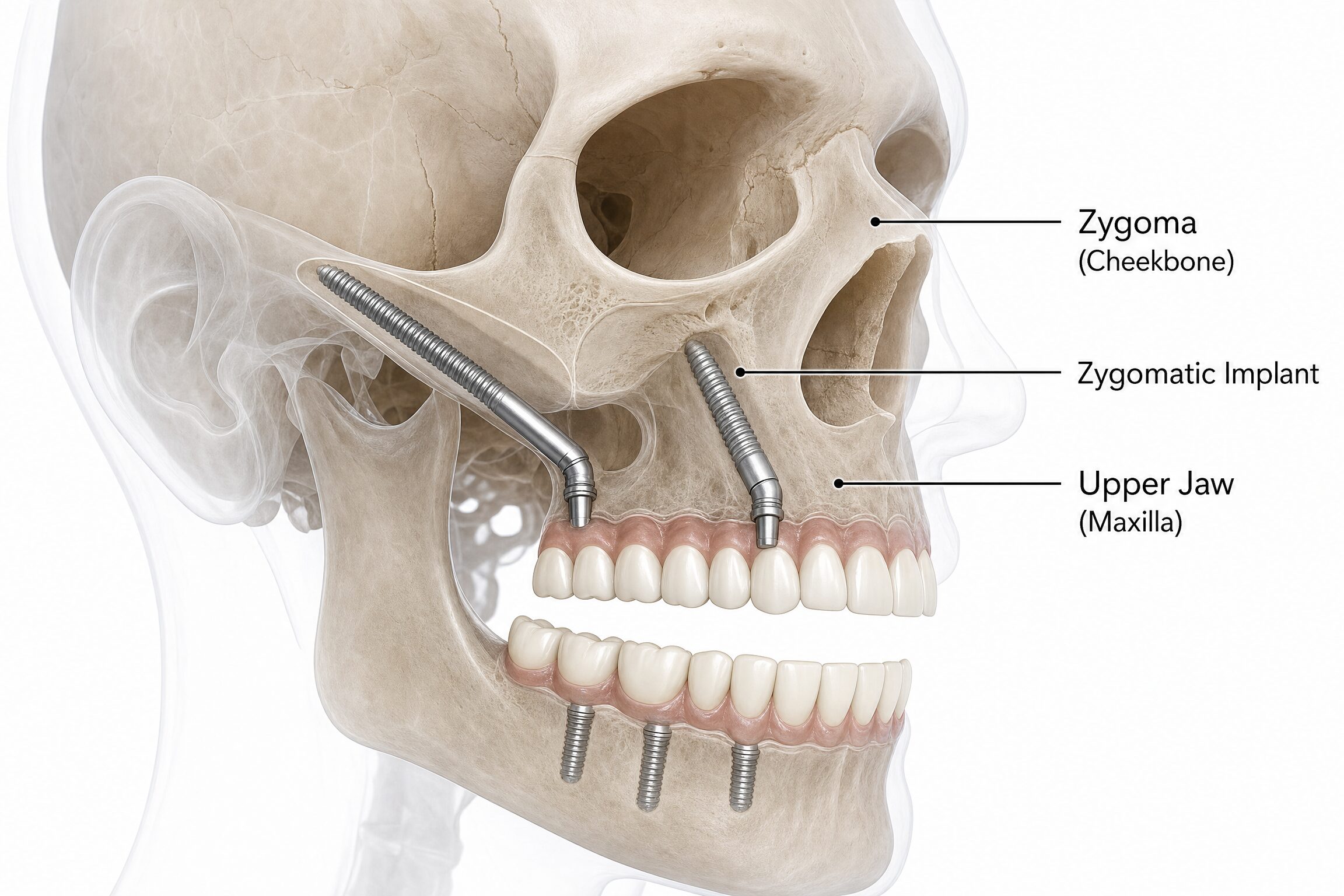 3D illustration showing zygomatic implants anchored securely in the cheekbone