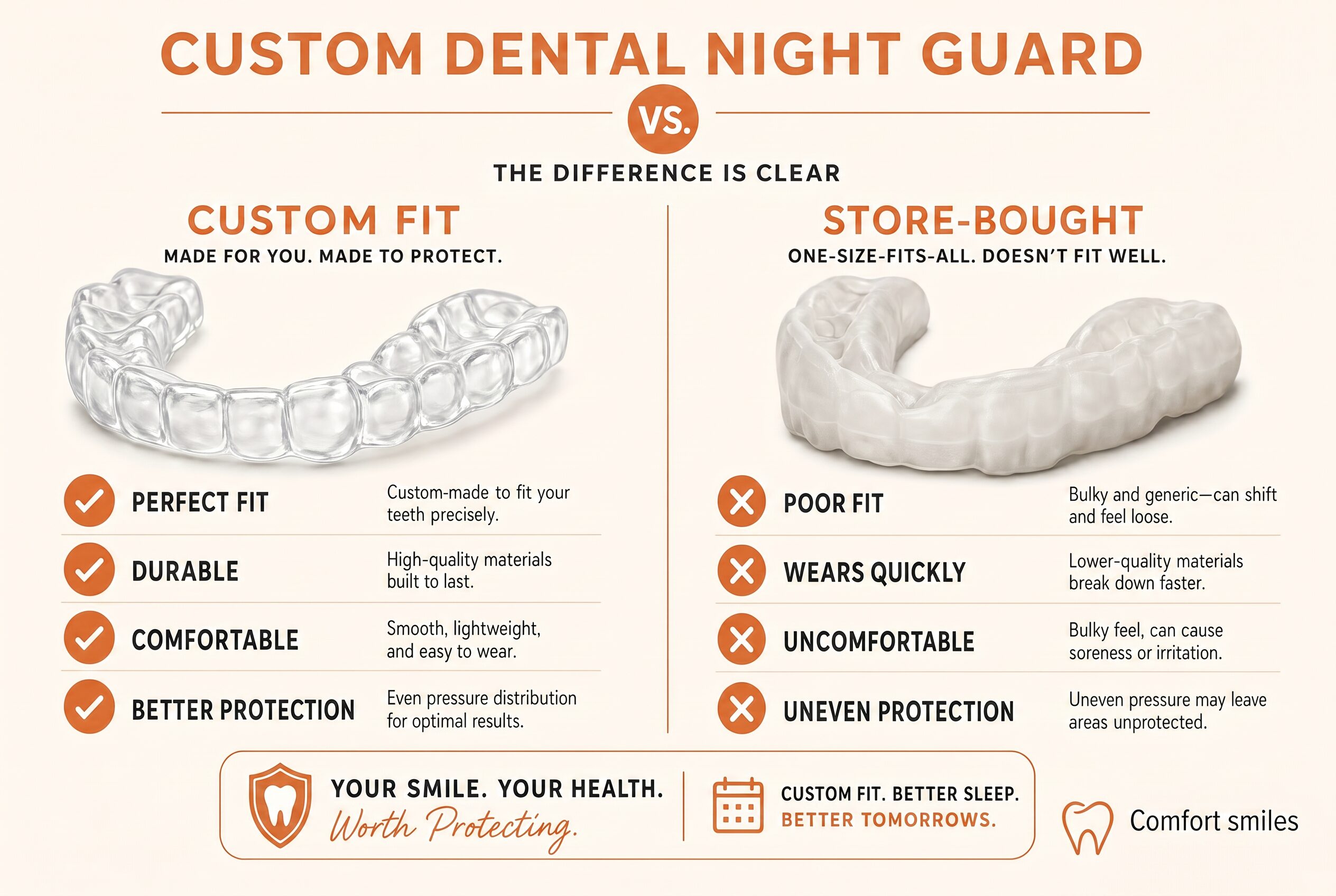 Custom vs store bought mouthguard comparison infographic - Comfort Smiles Ann Arbor MI