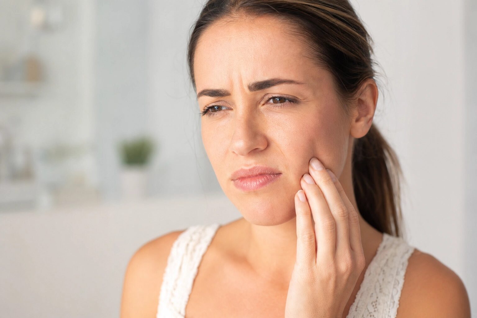 Woman holding jaw in discomfort showing signs of needing a root canal in Ann Arbor MI