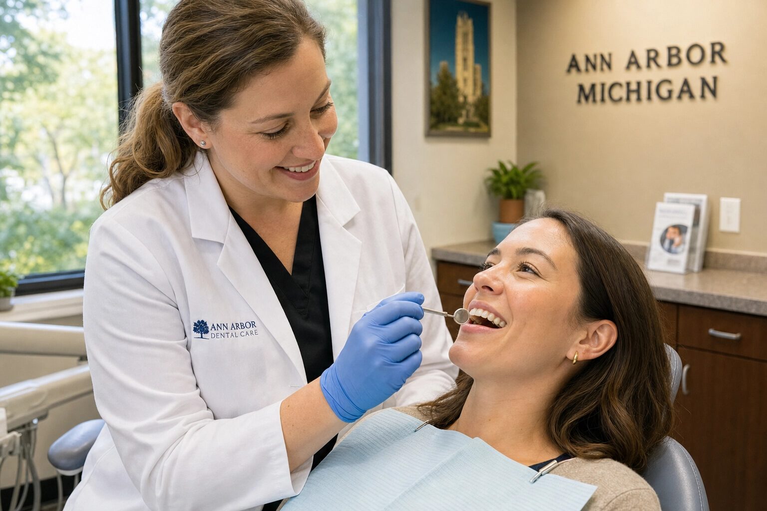 Dentist examining patient teeth at Comfort Smiles Ann Arbor Michigan