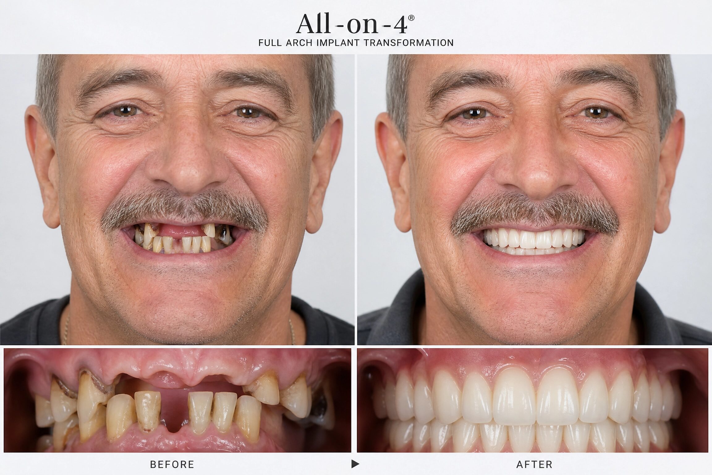 Before and after All-on-4 full arch dental implants at Comfort Smiles Ann Arbor