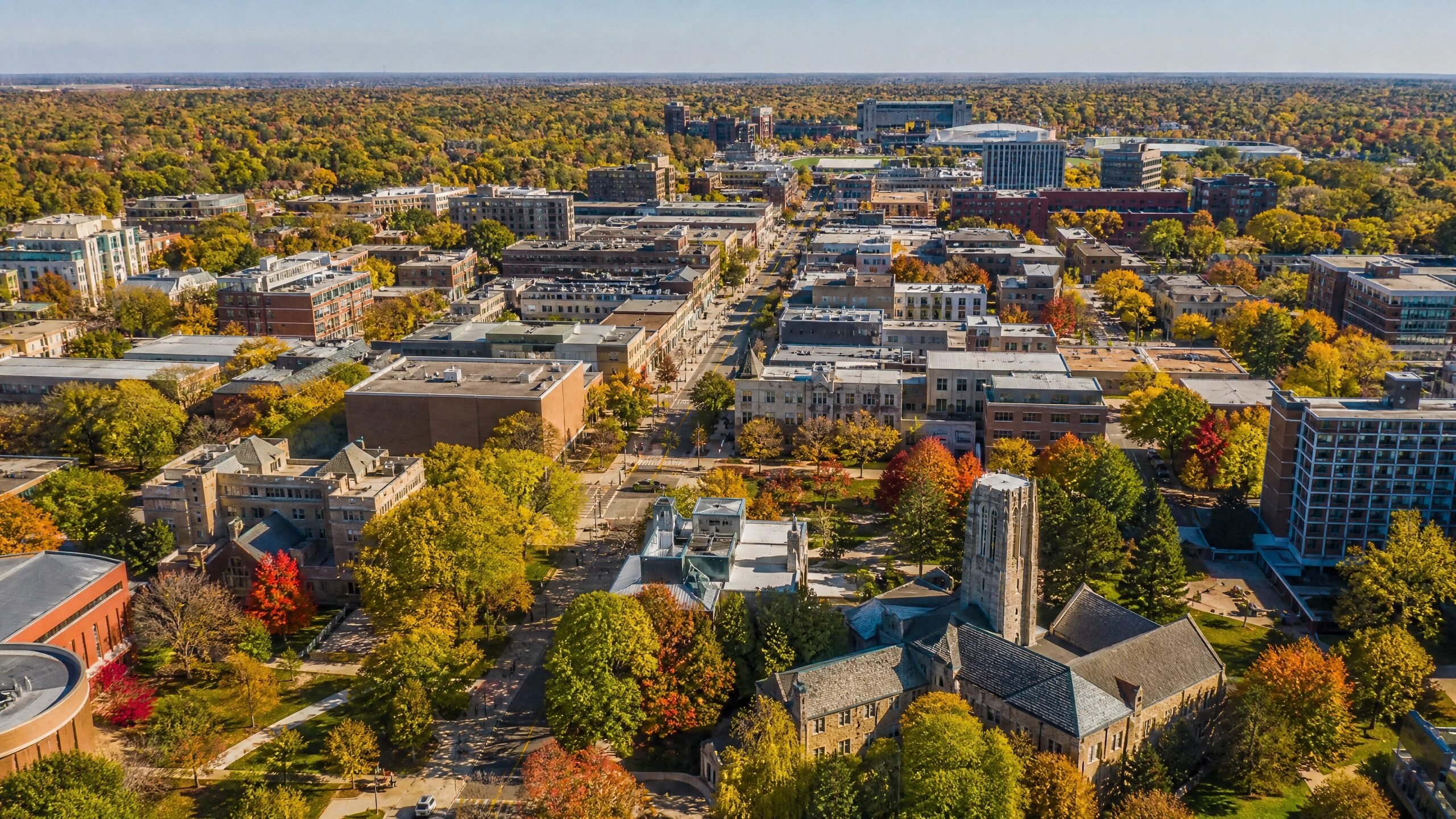 Aerial view of Ann Arbor Michigan downtown with University of Michigan campus in autumn