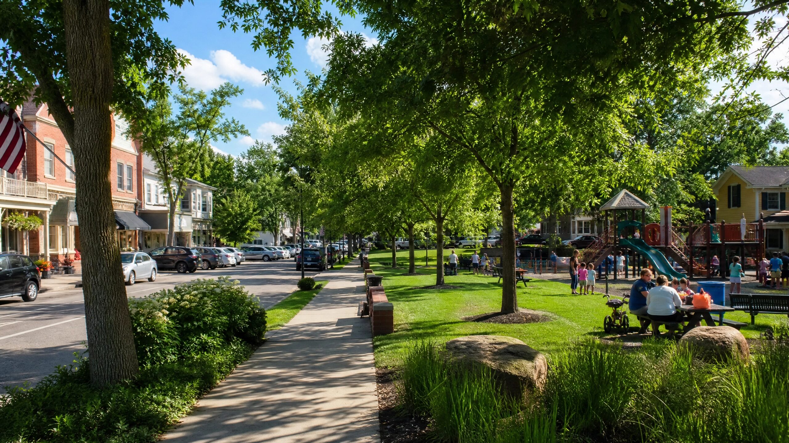 Milan Michigan community park and small town street scene with families enjoying a sunny day
