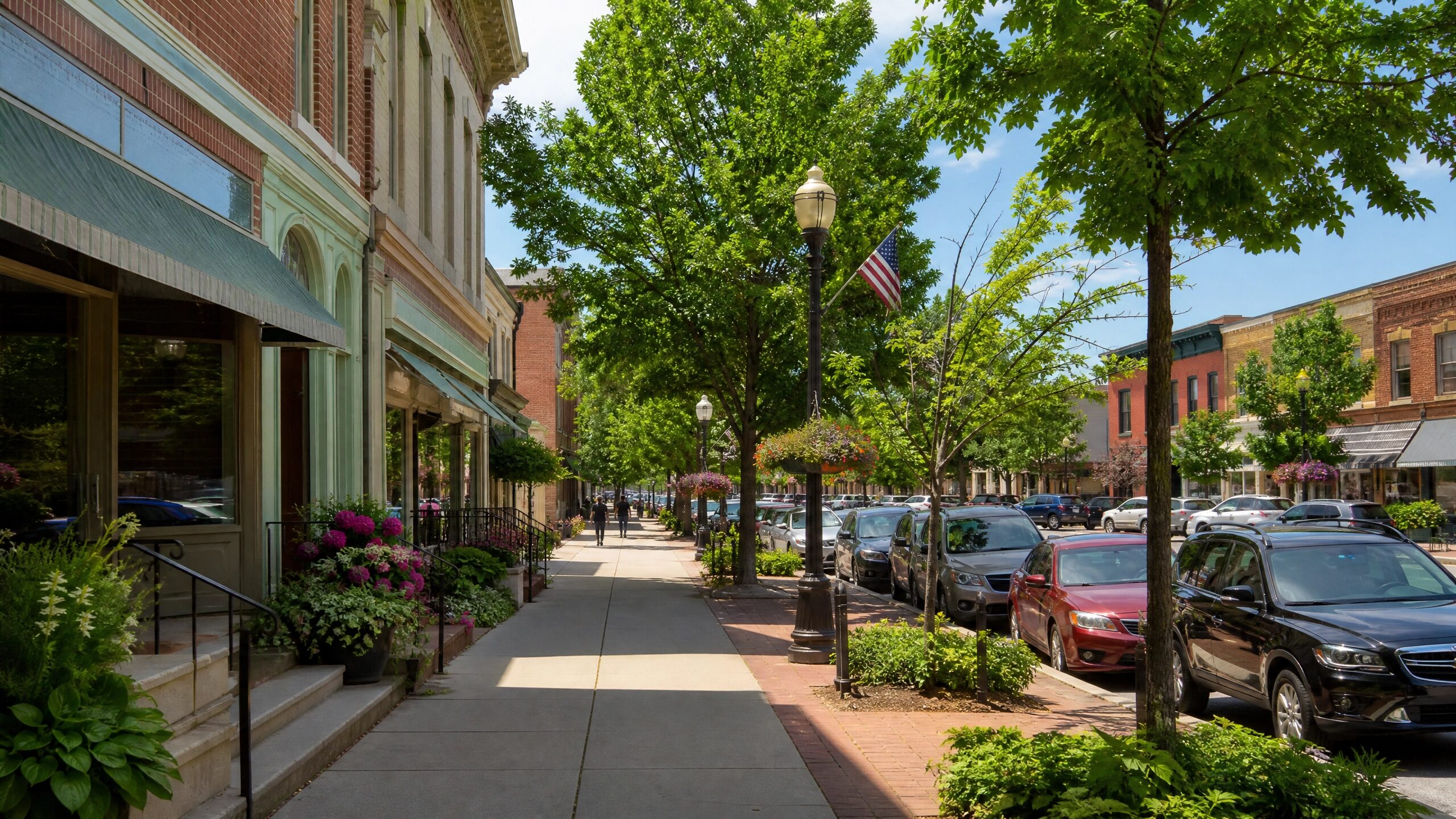 Charming downtown Saline Michigan main street with historic brick buildings and tree-lined sidewalks