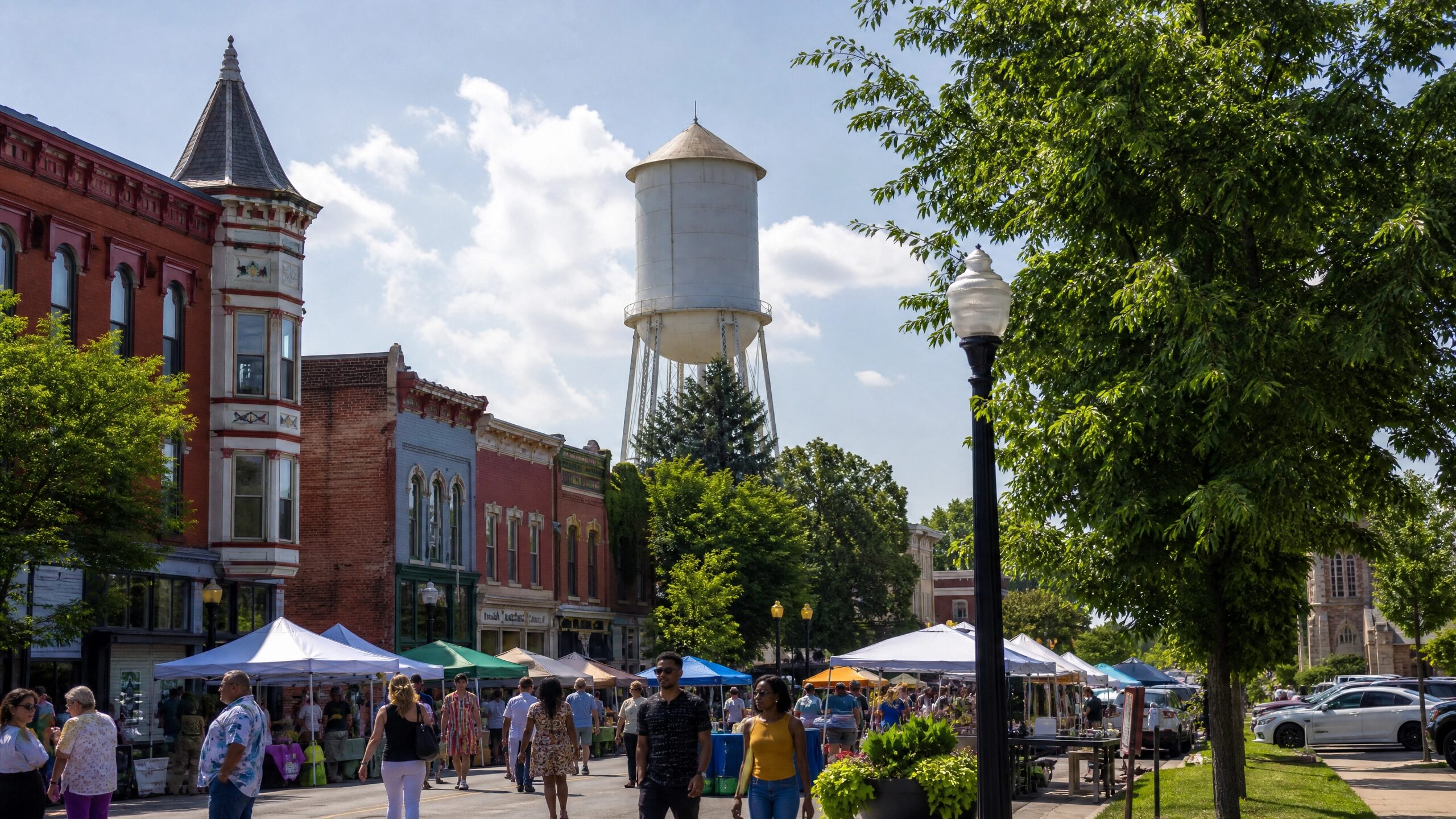 Ypsilanti Michigan downtown with the historic Ypsilanti Water Tower and vibrant community street market