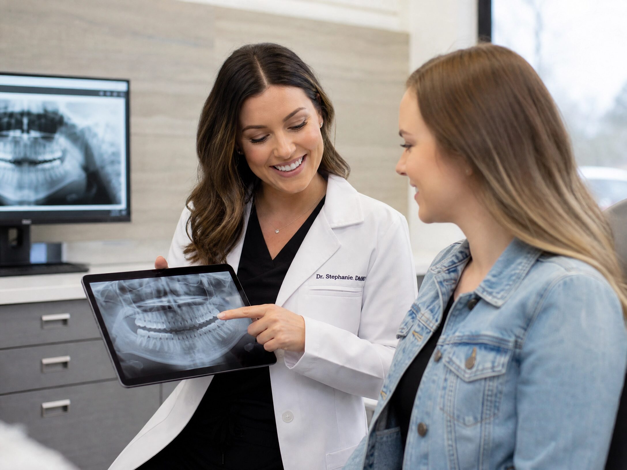 Dentist reviewing dental X-ray with patient during implant consultation at Comfort Smiles Ann Arbor