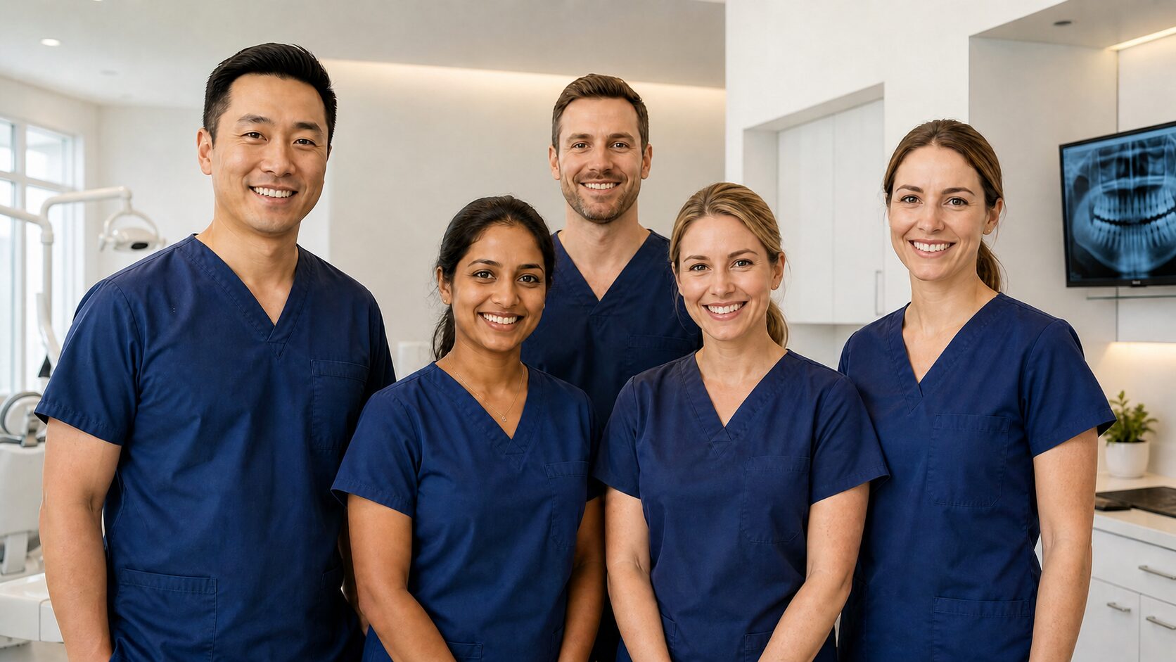 The Comfort Smiles Ann Arbor dental team - Dr. Nguyen, Dr. Handa, Dr. Grant and staff in navy scrubs