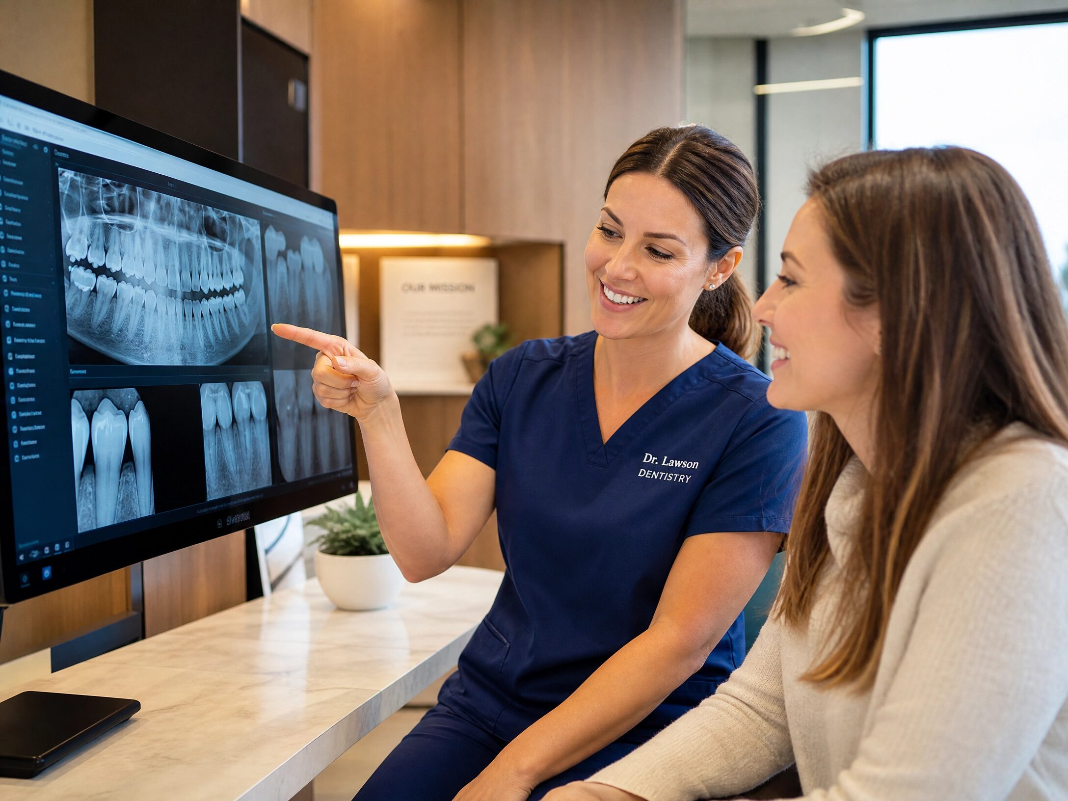 Dentist reviewing digital X-rays with patient Ann Arbor