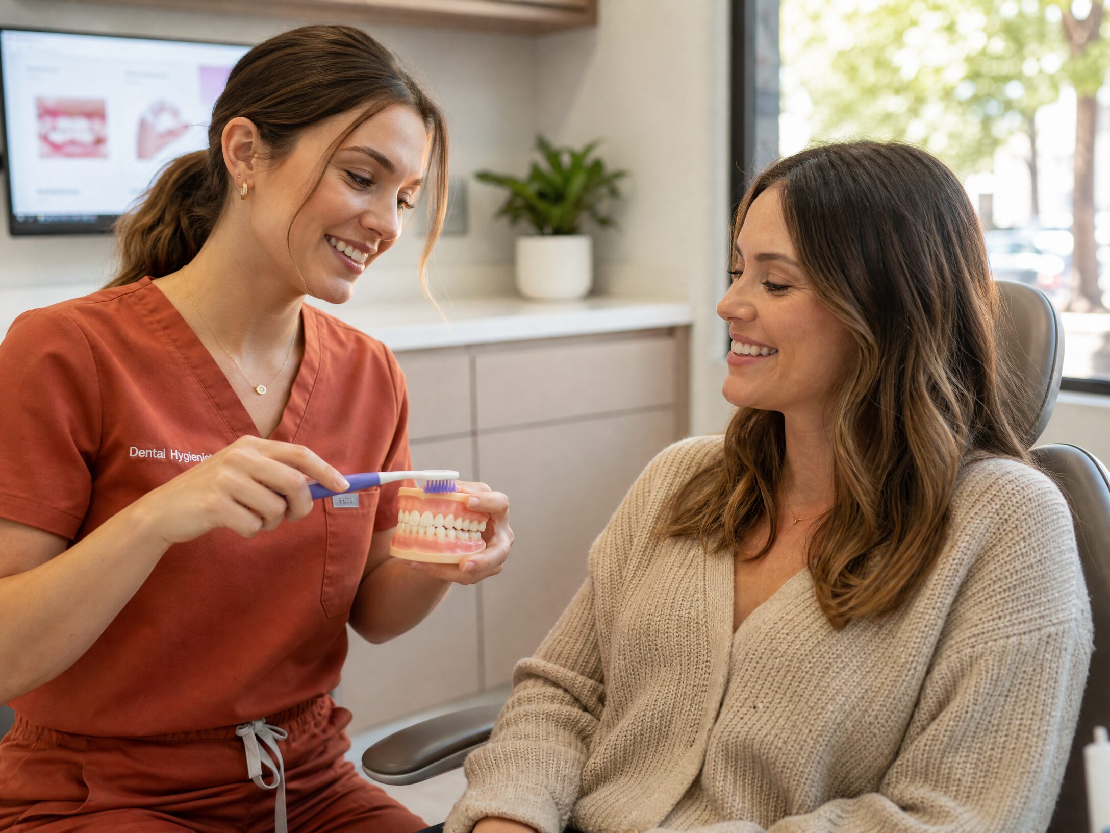 Dentist coaching patient on proper brushing technique at Comfort Smiles Ann Arbor